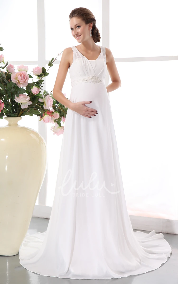 Chiffon Empire Maternity Wedding Dress with Beading and Sleeveless Design