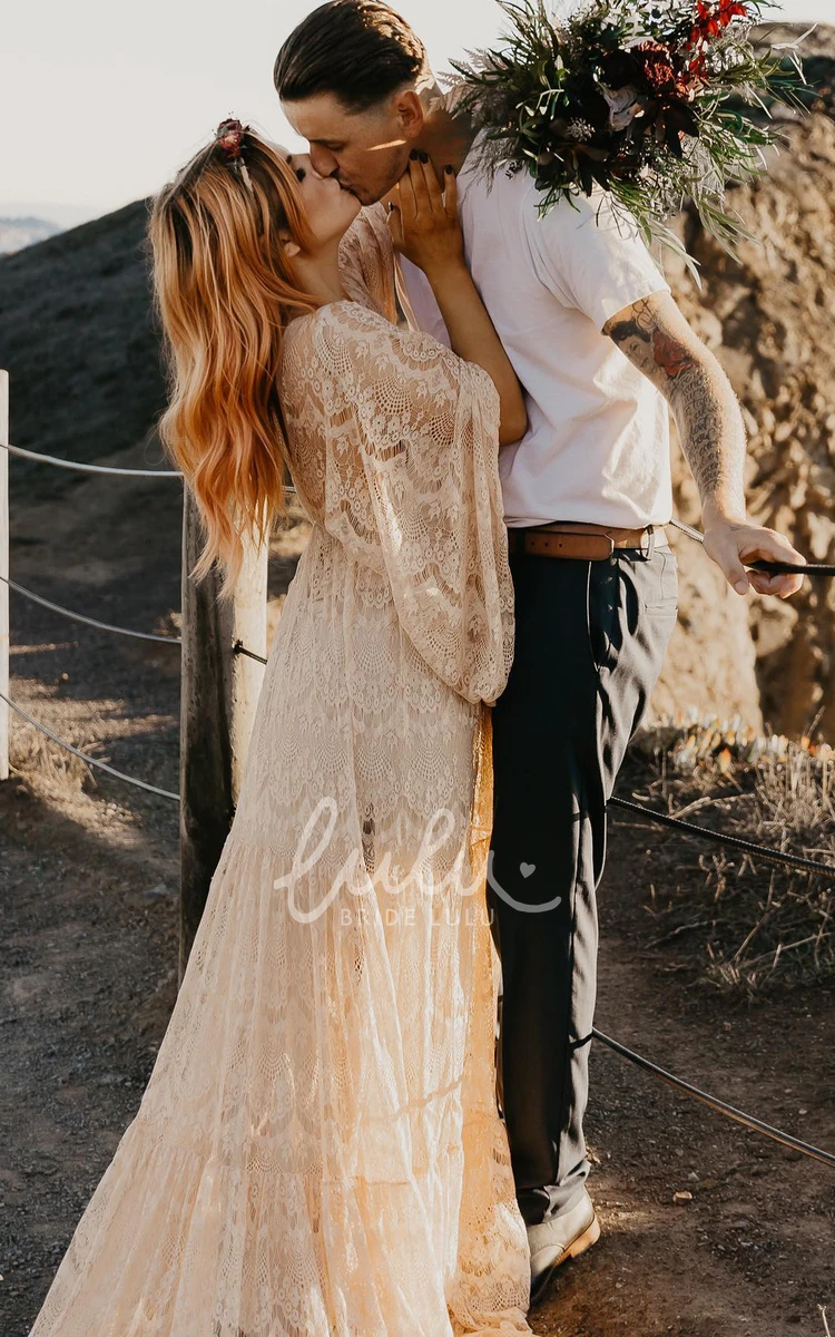 Romantic A-Line Lace Wedding Dress Long Sleeves Garden Elegant Bride Gown