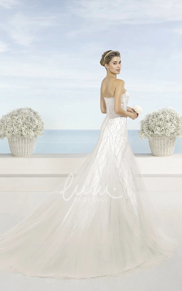 Beaded A-Line Satin Wedding Dress with Court Train Sleeveless & Strapless