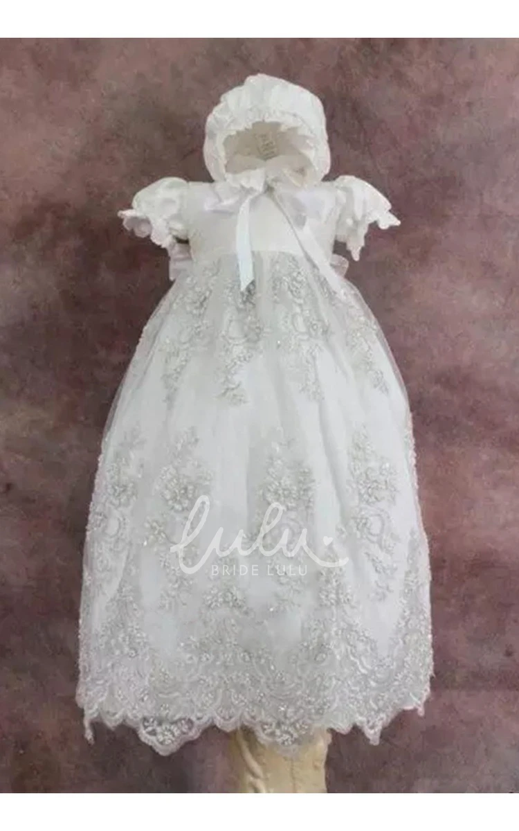 Lace Applique Christening Dress with Puff Sleeves Elegant Baptism Gown