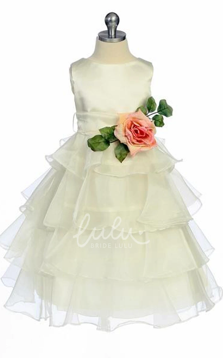 Tiered Organza Tea-Length Flower Girl Dress with Floral Design Flowy Wedding Dress