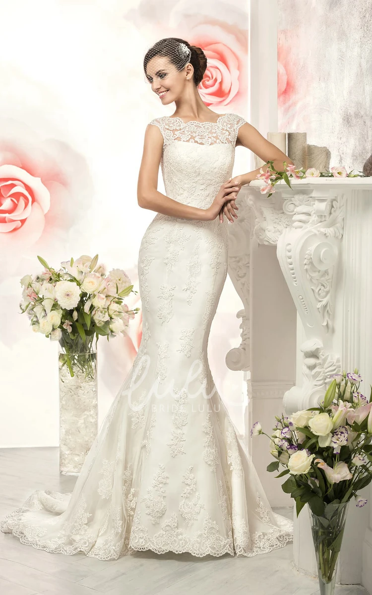 Cap-Sleeve Mermaid Lace Wedding Dress with Illusion Neckline and Appliques