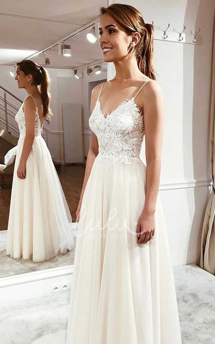 Simple Lace Spaghetti Strap Wedding Dress with Ethereal Tulle Skirt