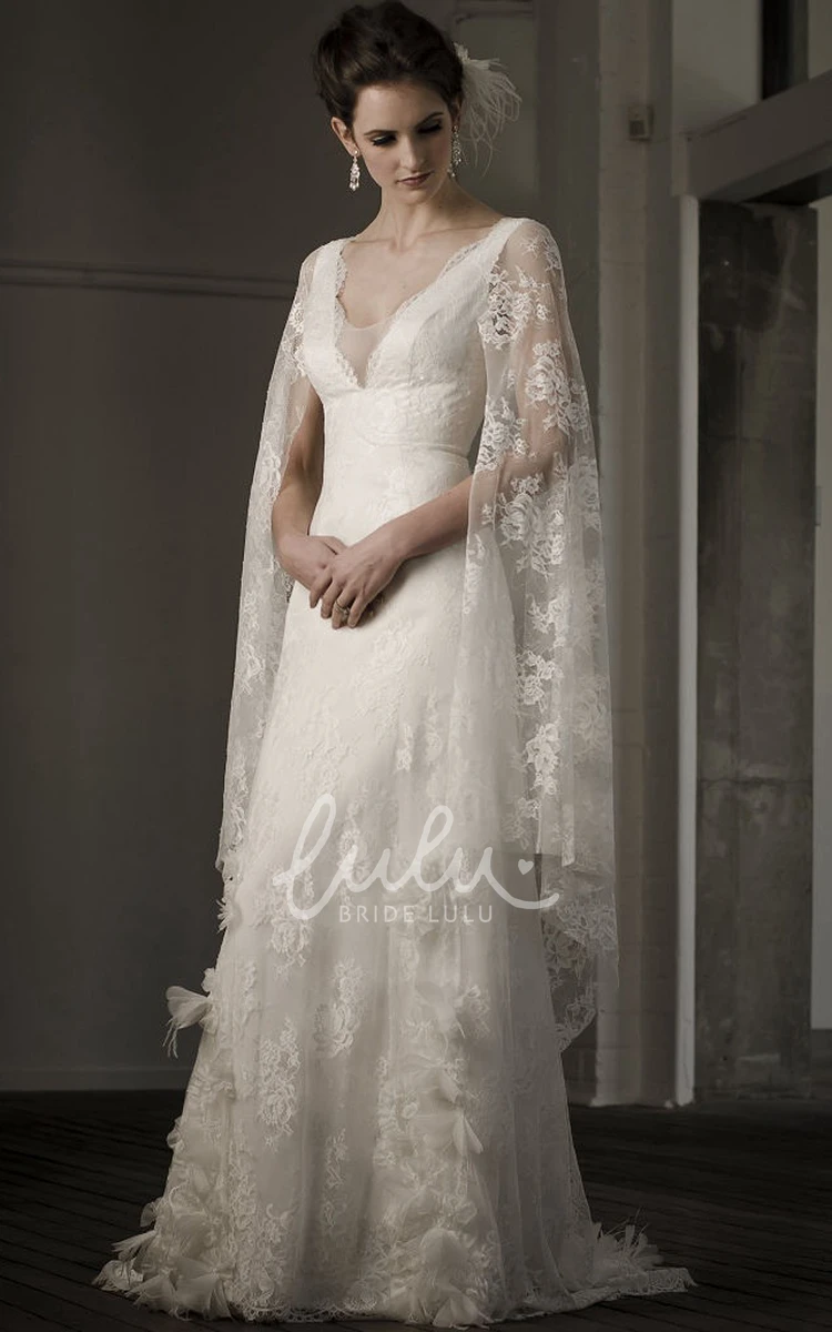 A-Line V-Neck Long-Sleeve Wedding Dress with Lace Appliques and Flowers