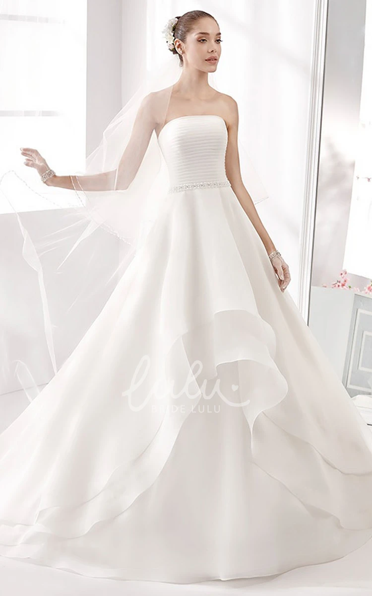 A-Line Wedding Gown with Ruffled Skirt Strapless Pleated Bodice