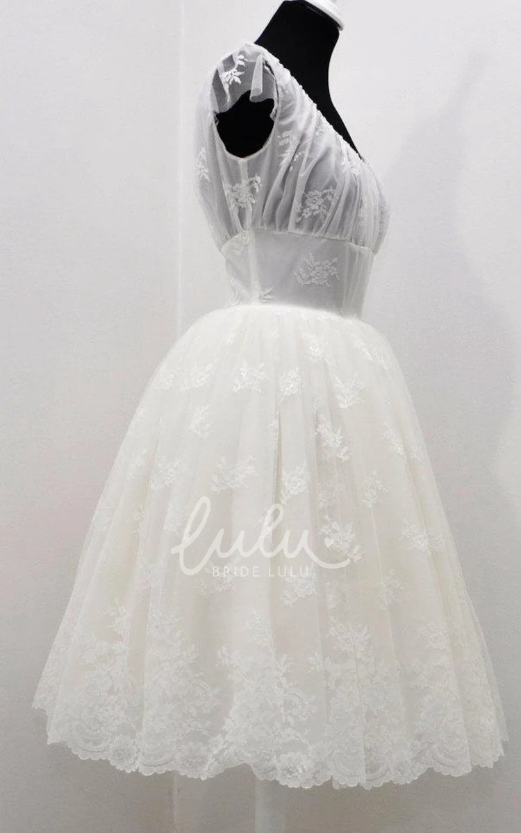 Knee-Length Lace Wedding Dress with Cap Sleeves and Jewel Empire Waist