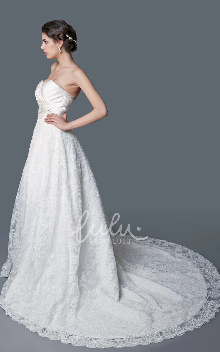 Satin and Lace A Line Wedding Dress With Belt Sweetheart & Modern