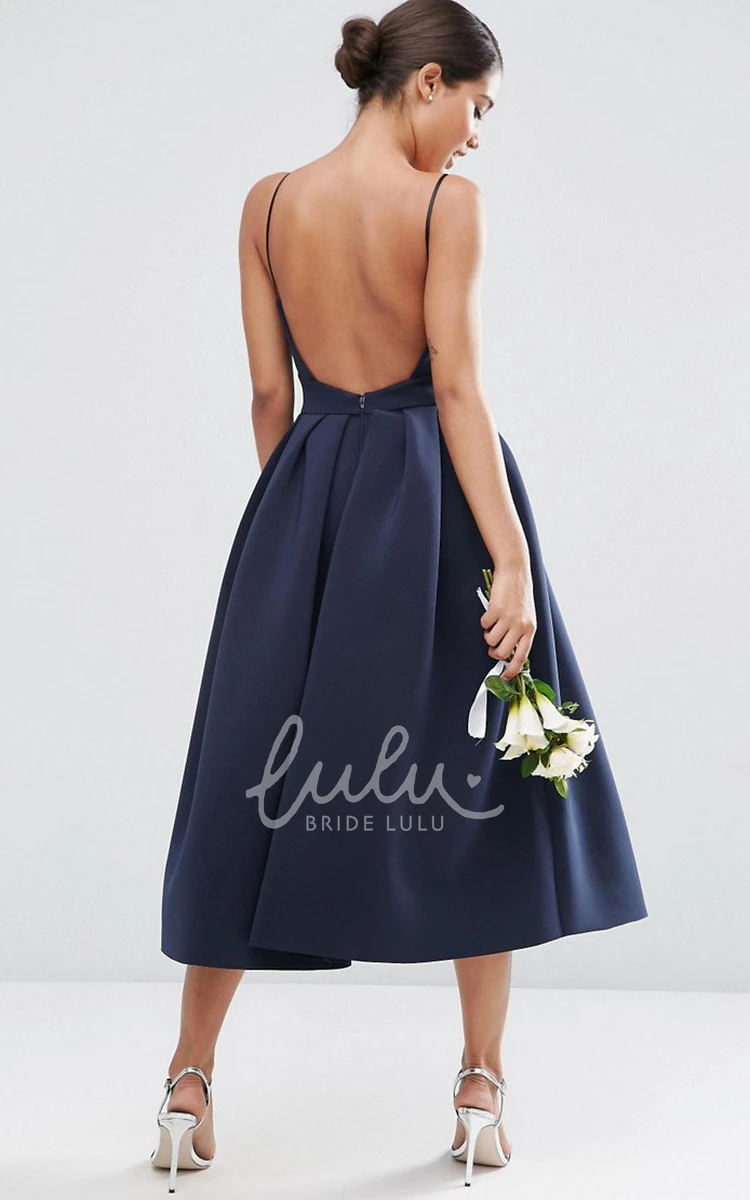 Satin Bridesmaid Dress A-Line Tea-Length Spaghetti Sleeveless