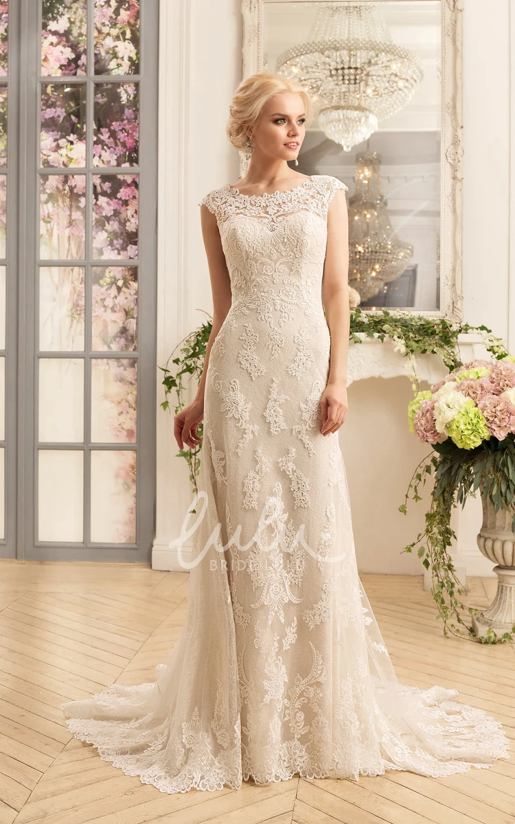 Lace Illusion Cap-Sleeve Sheath Wedding Dress with Appliques