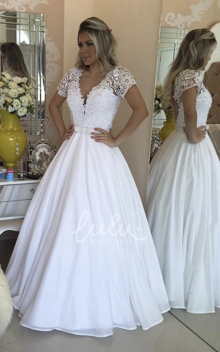 Short Sleeve A-Line Wedding Dress with Lace Appliques and Pearls