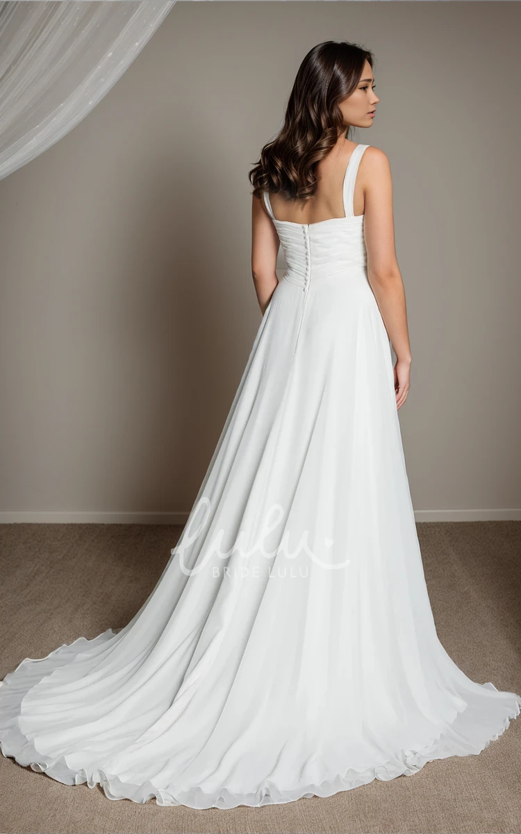 Elegant Sexy Chiffon A-Line Straps Sleeveless Ruching Sweetheart Neckline Wedding Dress Simple Solid Beach Floor-length Court Train Backless Button Zipper Back Bridal Gown