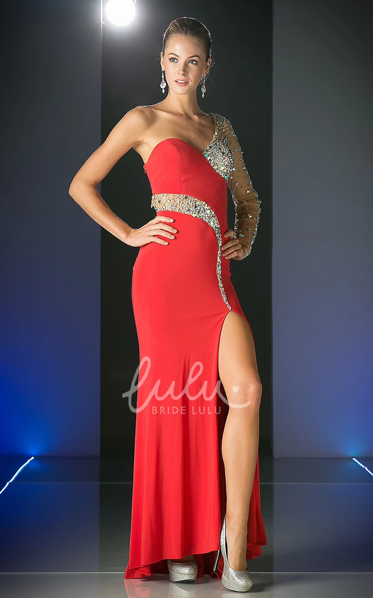 Illusion One-Shoulder Long Sleeve Formal Dress with Beading and Split Front