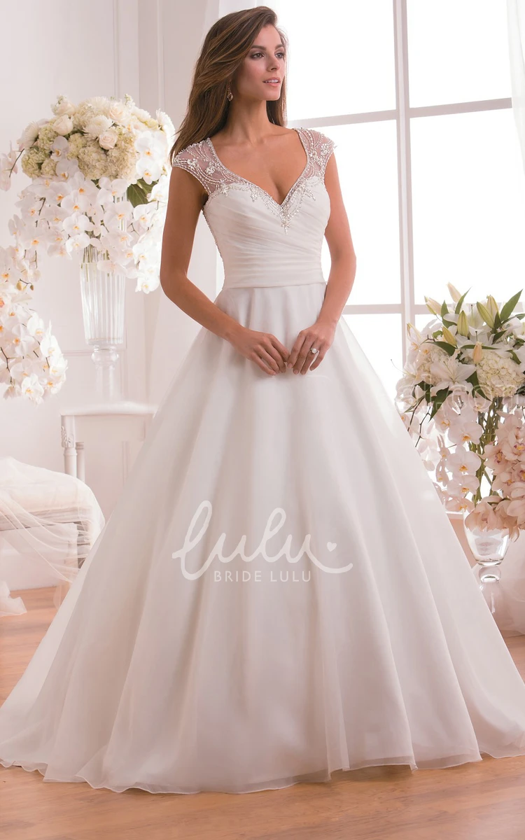 Crystal Illusion Cap-Sleeved A-Line Wedding Dress with V-Neck