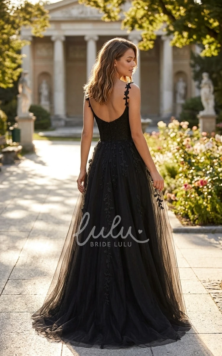 Floral Gothic Black Boho Lace A-Line Spring Wedding Dress Beach Sexy Floor Length Appliqued Evening Gown
