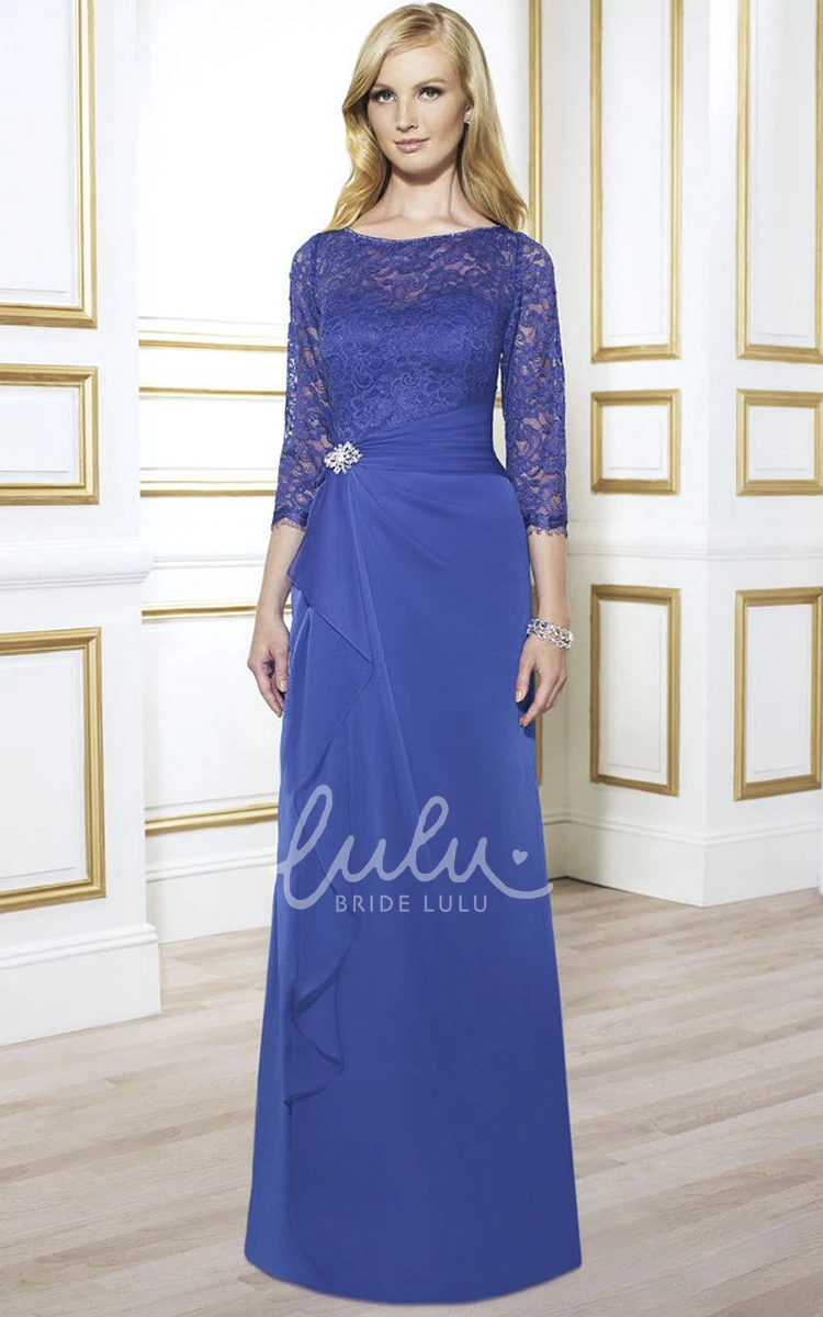 Lace Bateau Neck Chiffon Formal Dress with Broach and Draping for Mother of the Bride