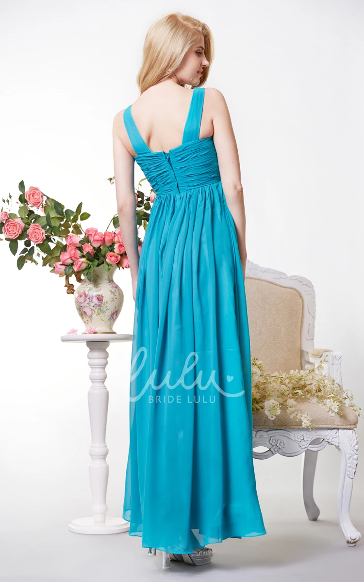 Chiffon Bridesmaid Gown with V-neck and Squared Back Ruching