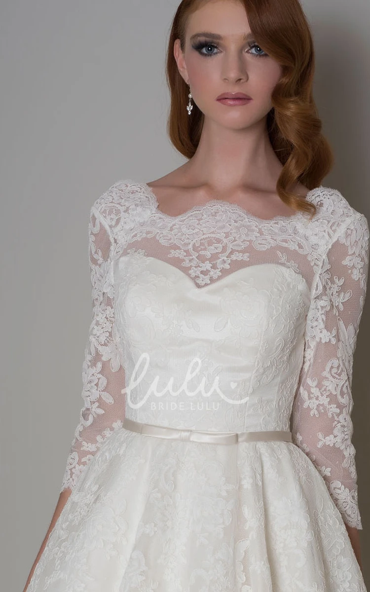 Half-Sleeve Knee-Length A-Line Lace Wedding Dress with Bateau-Neck