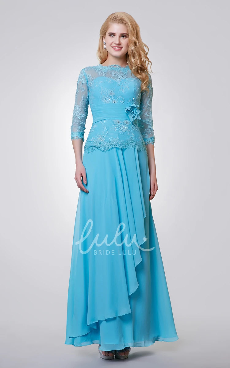 Long Lace and Chiffon Formal Dress with Side Draping 3/4 Sleeves