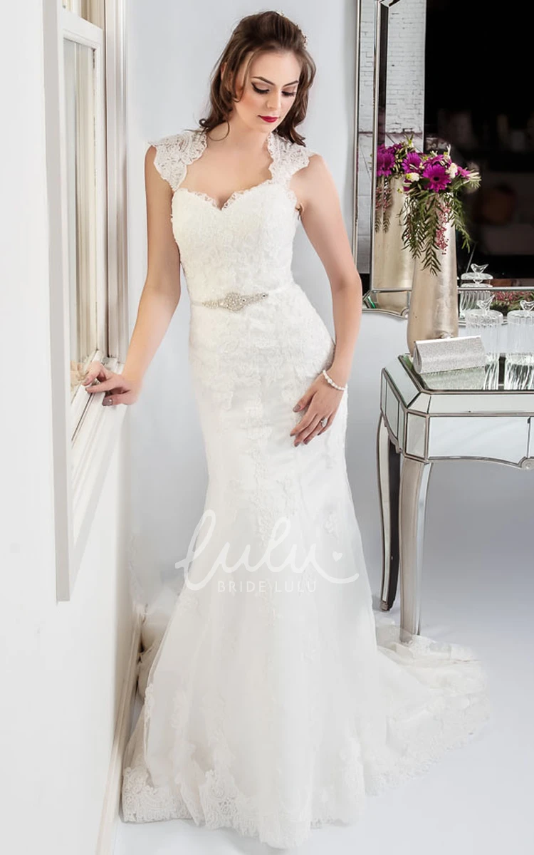 Queen-Anne Appliqued Lace Sheath Wedding Dress with Keyhole Back and Waist Jewelry Modern Wedding Dress