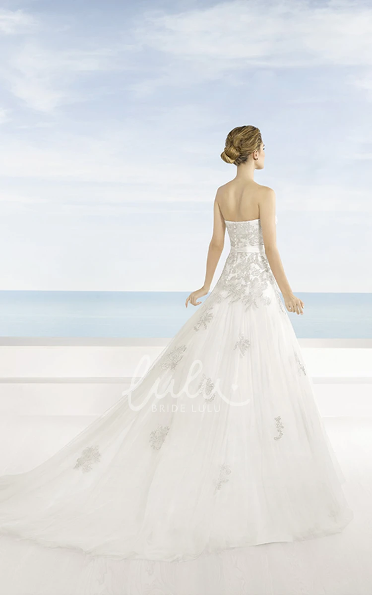 Strapless Tulle Wedding Dress with Appliques and Chapel Train A-Line