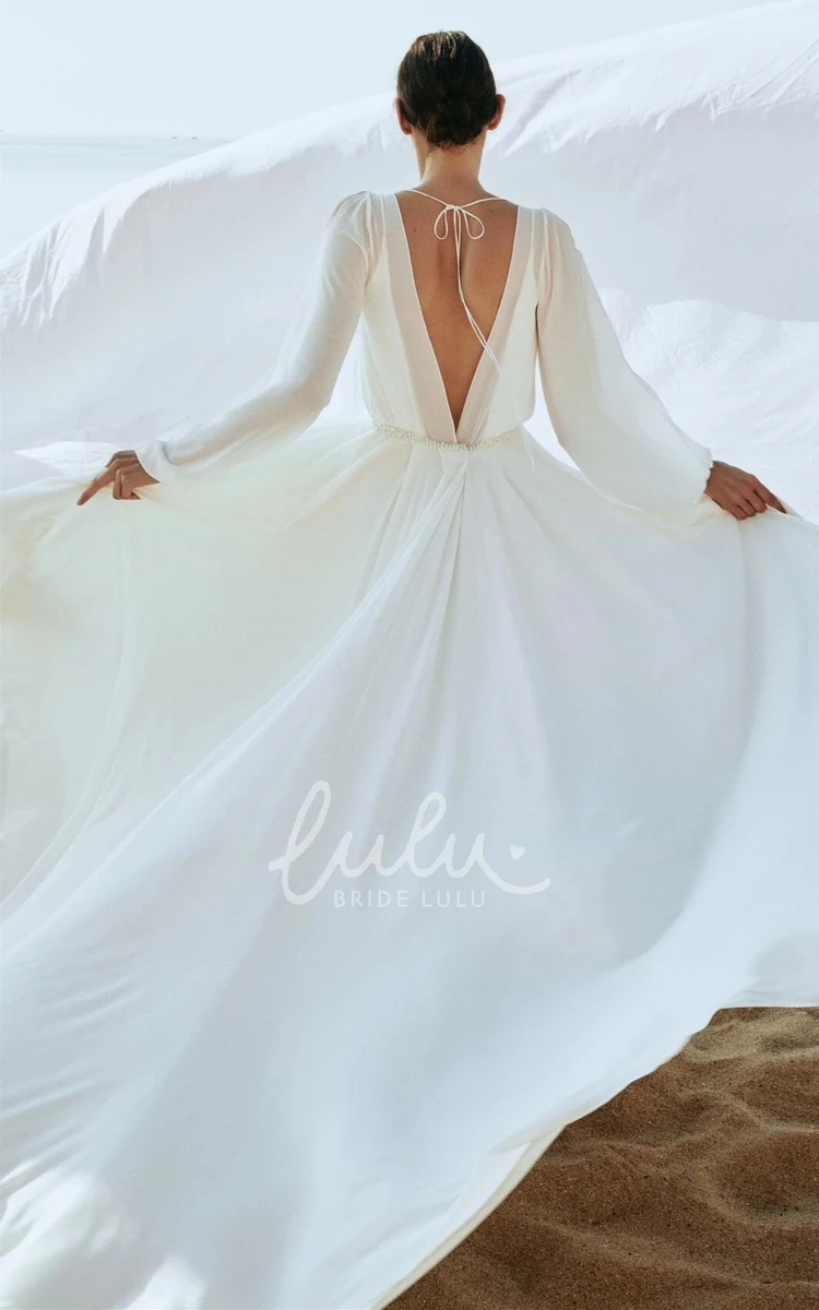 Chiffon A Line Wedding Dress with Bateau Neck & Court Train Ethereal & Elegant