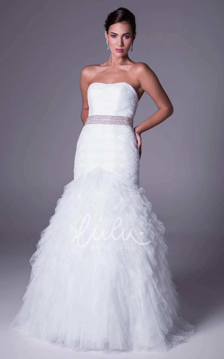 Strapless Tulle Wedding Dress with Cascading Ruffles and Jeweled Waist Flowy Bridal Gown