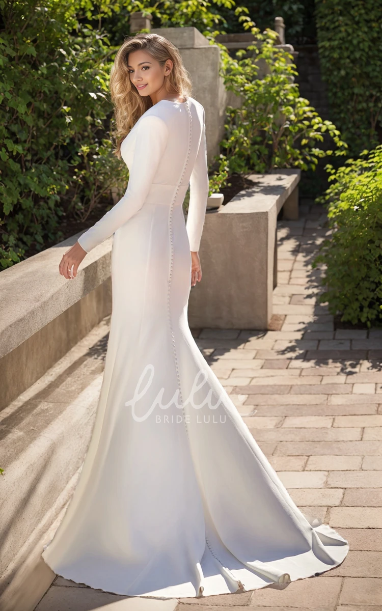 Modern Solid Mermaid Long Sleeve Satin Wedding Dress Fall Modest Romantic V-Neck Closed Back Court Train Sash Flowy Bridal Gown