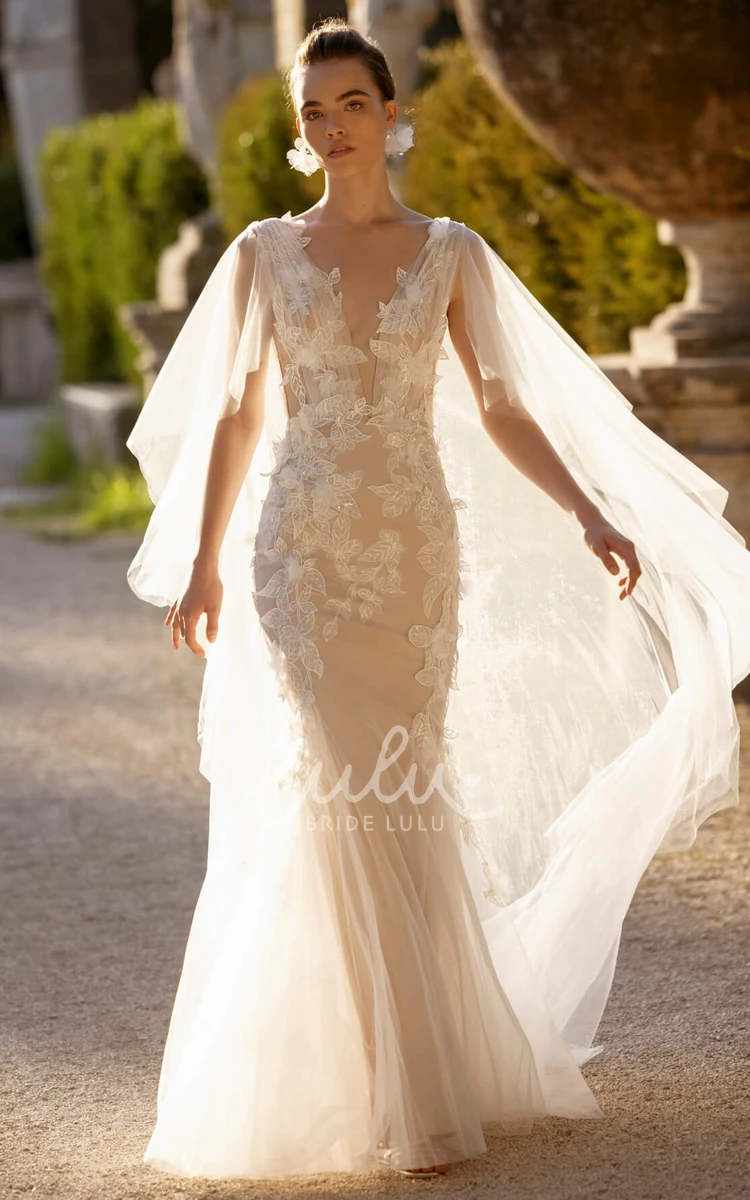 Elegant Plunging V-Leck Lace Strap Tulle Wedding Dress