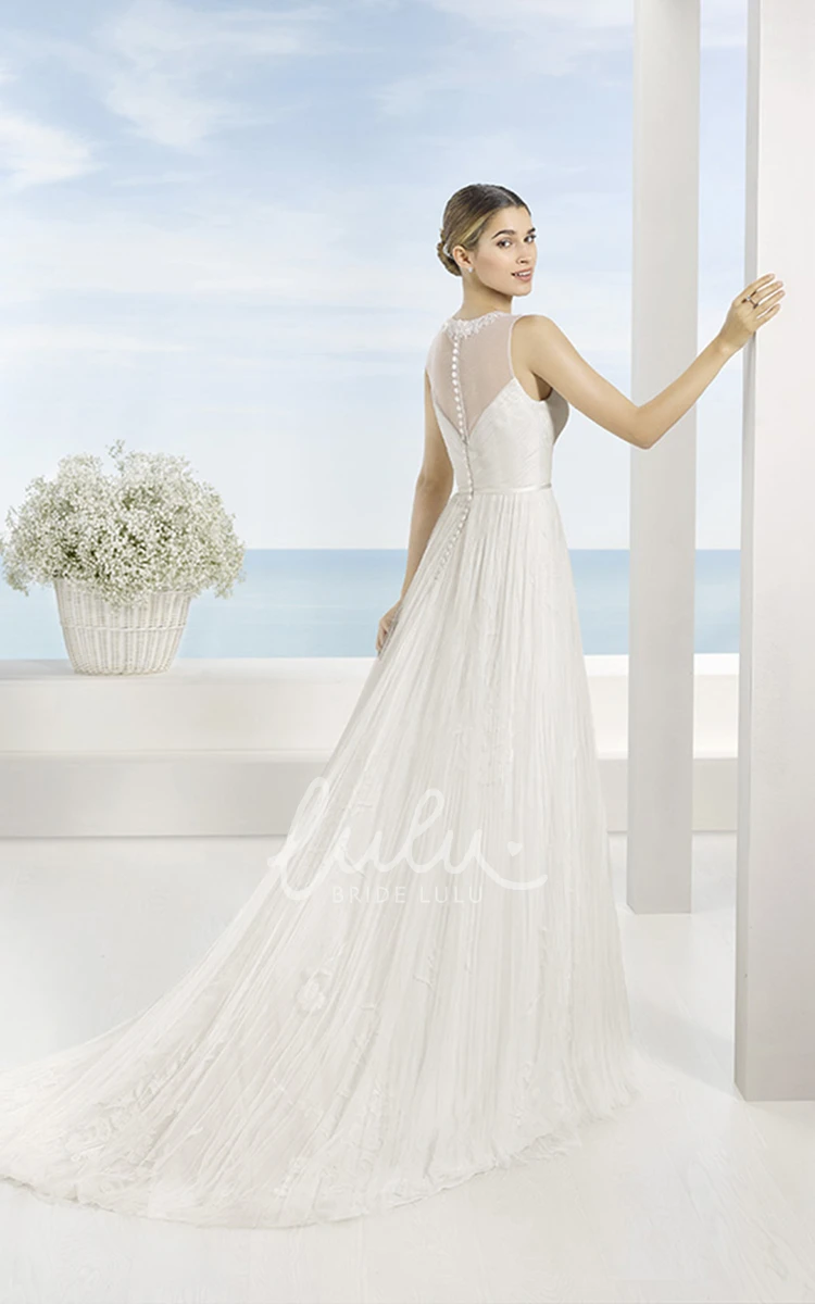 Beaded Scoop Tulle Wedding Dress with Pleats and Illusion Back A-Line Wedding Dress