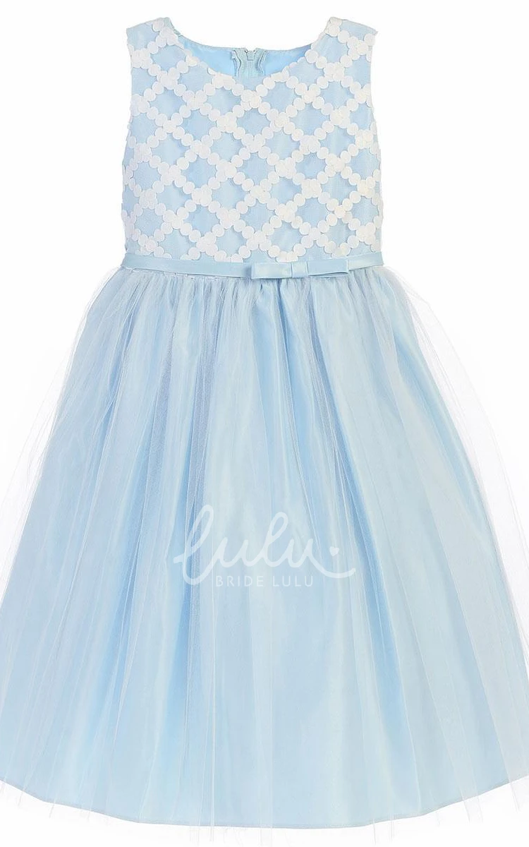 Sleeveless Tea-Length Tulle and Satin Flower Girl Dress with Bow