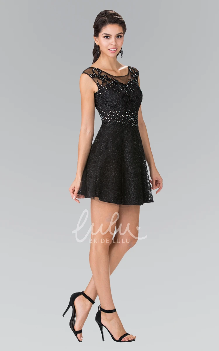 Beaded Cap-Sleeve A-Line Lace Formal Dress with Bateau Neckline