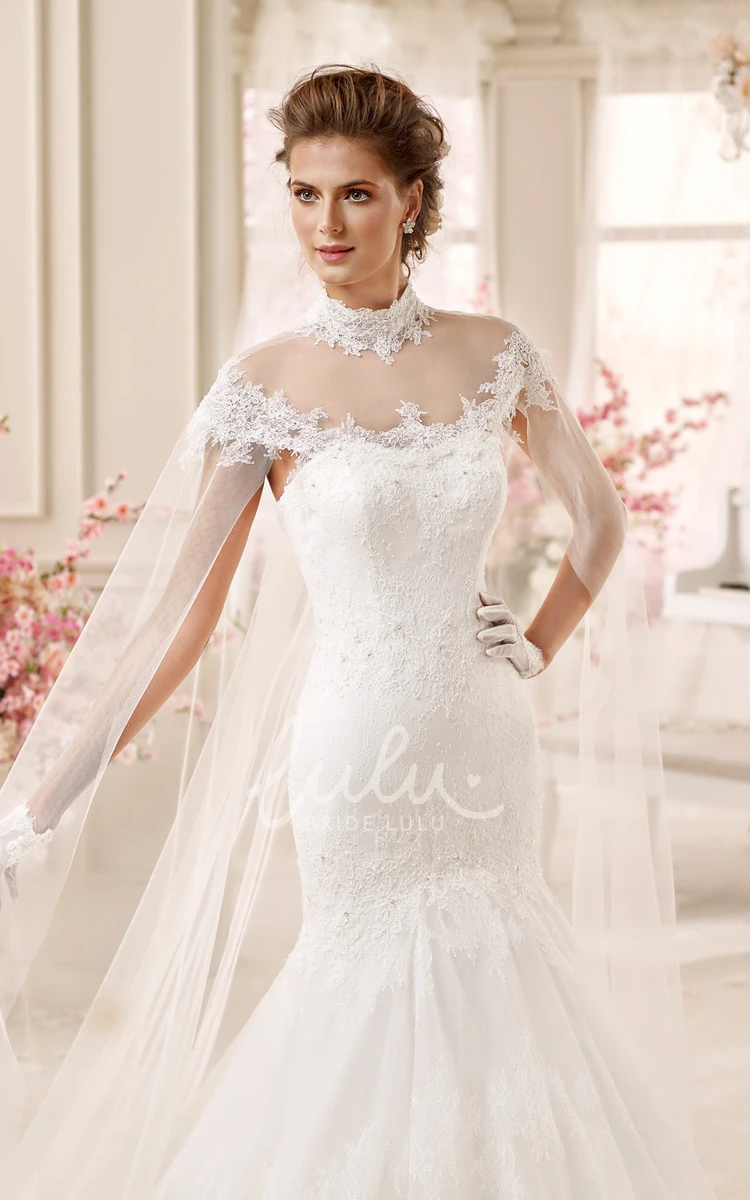 Mermaid Wedding Dress with High-neck Applique and Long Tulle Cap Modern Wedding Dress