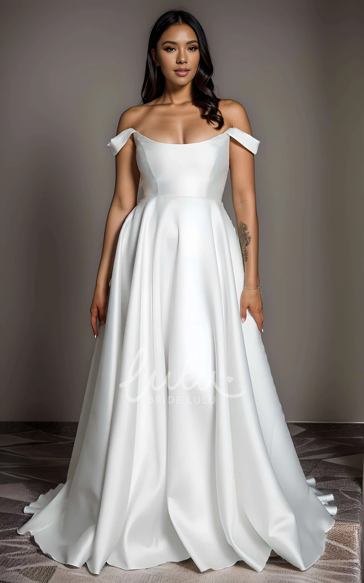 Elegant Sexy Off-the-shoulder Straps A-Line Big Bust Satin Wedding Dress Solid Simple Floor-length Sleeveless Draping Button Zipper Low-V Back Bridal Gown