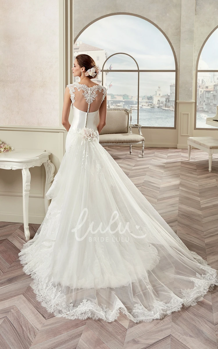 Cap Sleeve Mermaid Illusion Bridal Gown with Detachable Train