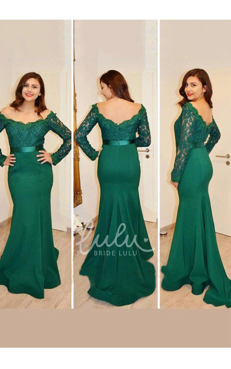 Illusion Long Sleeve Sweep Brush Train Mermaid Trumpet Off-the-shoulder Satin Lace Dress