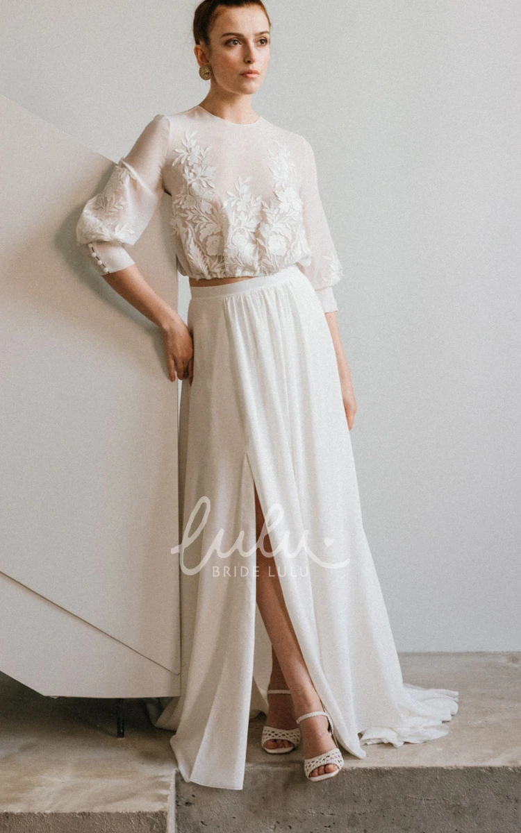 Bohemian Lace Two-Piece Wedding Dress with Illusion Back Chiffon Jewel