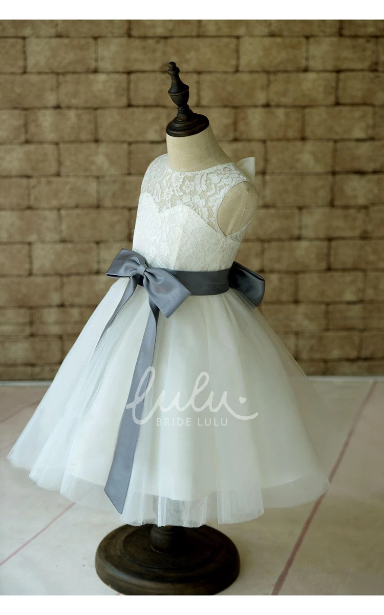 Ivory Lace Tulle Dress with Gray Sash Flower Girl Dress Wedding Dress