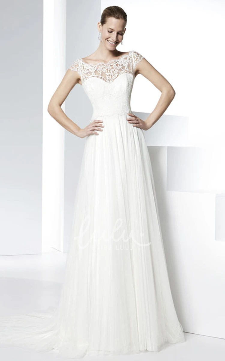 Elegant Scoop Appliqued Tulle Wedding Dress with Brush Train Floor-Length Illusion Bridal Gown