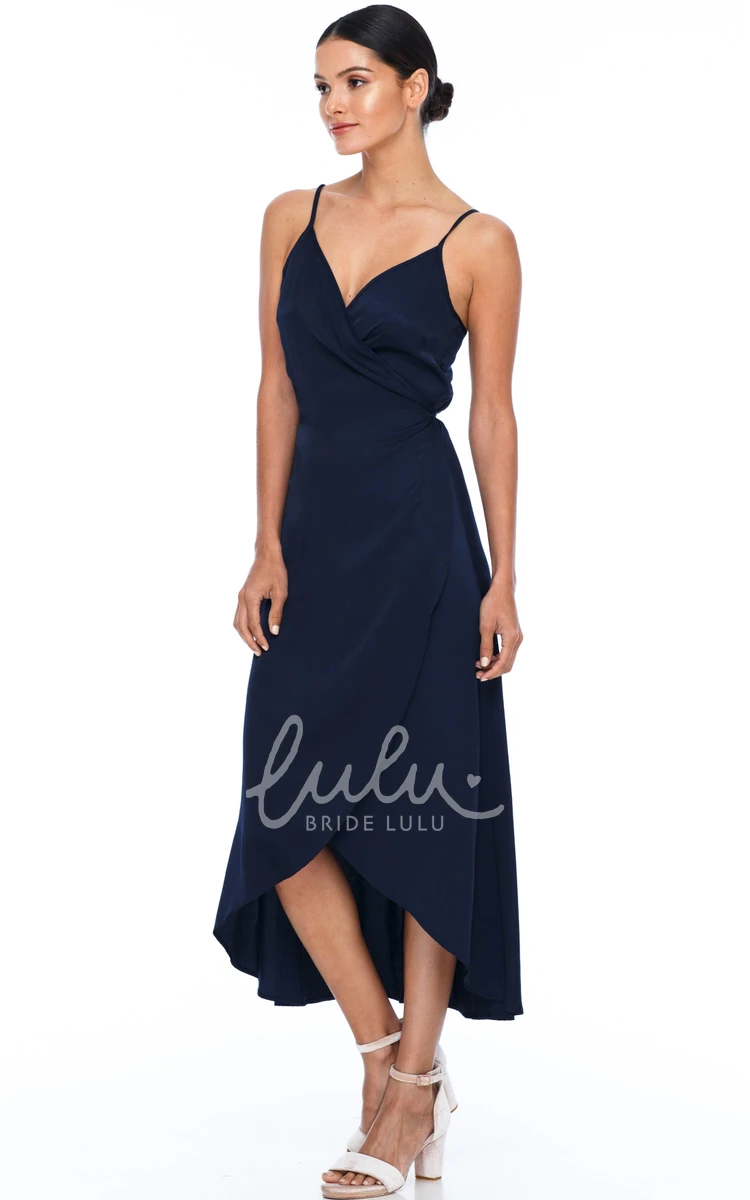 Split Front A-Line Charmeuse Bridesmaid Dress with Spaghetti Straps and Sash Informal Dress