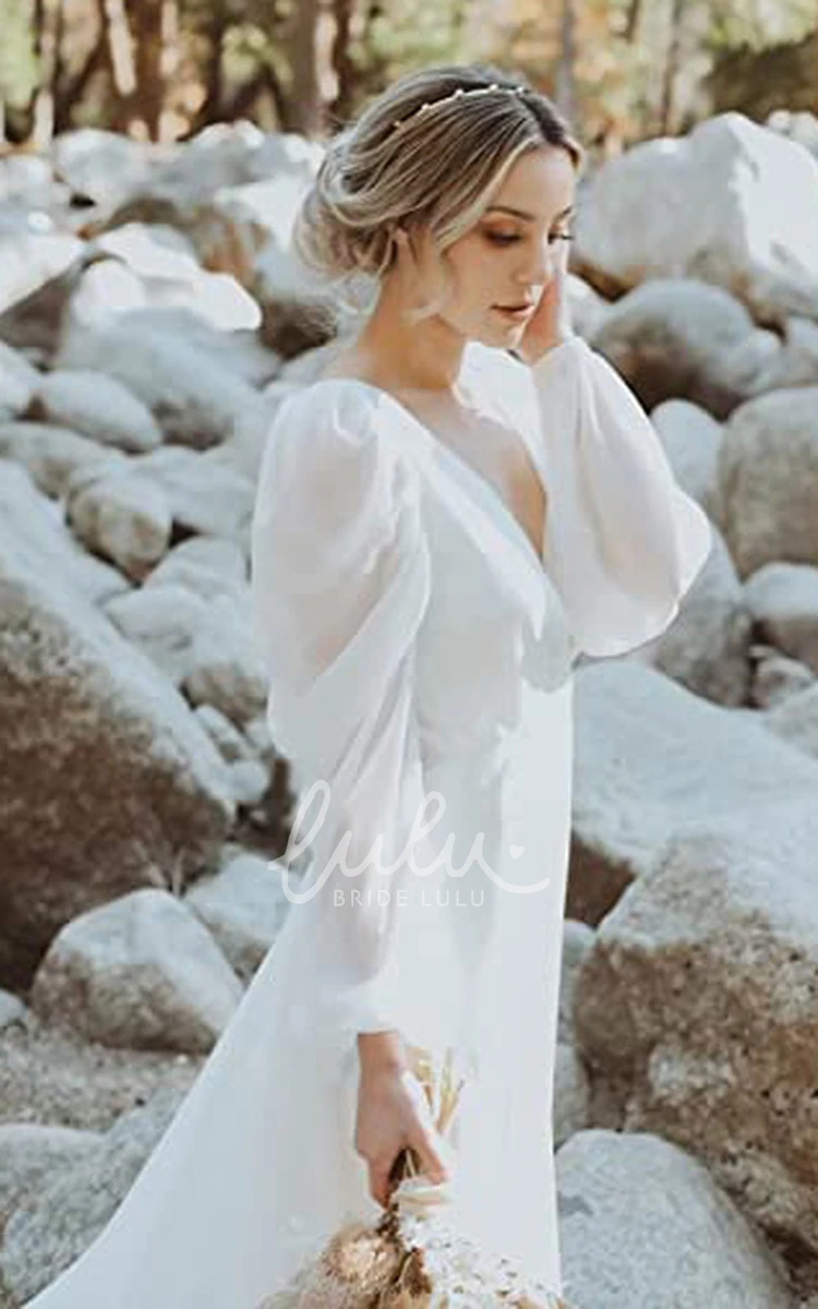 Chiffon A-Line V-Neck Wedding Dress with Open Back for Beach or Garden Wedding Elegant Flowy