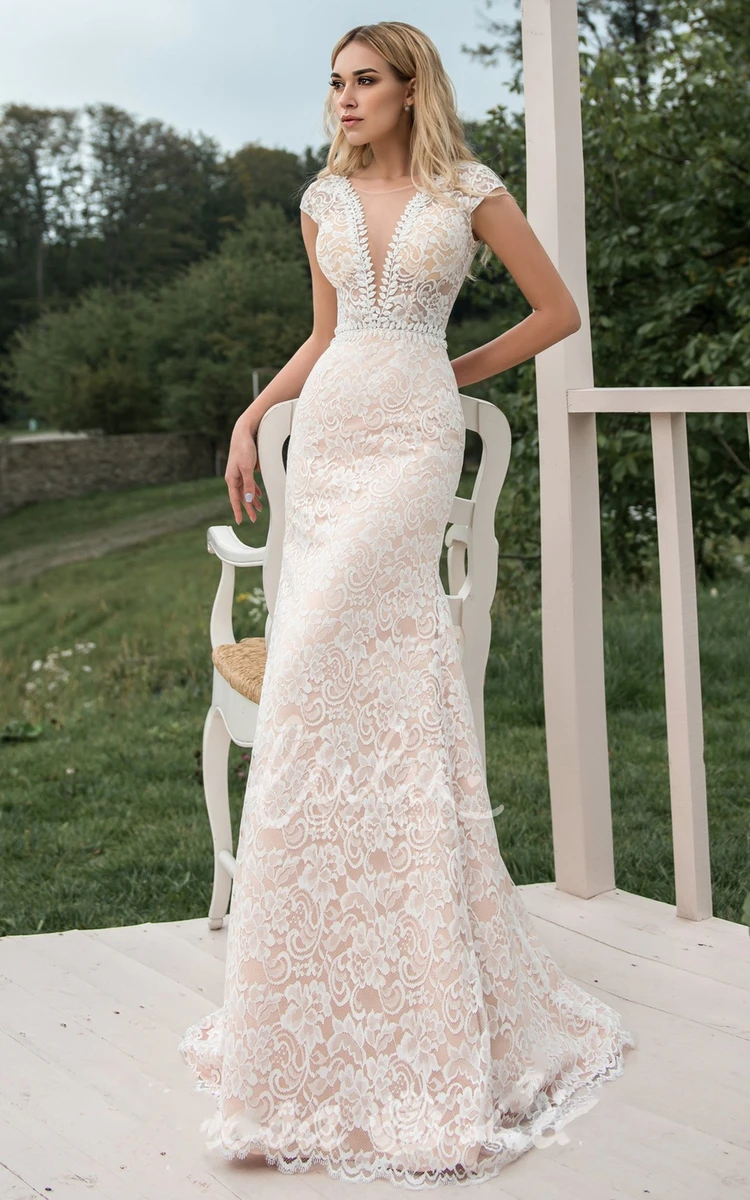 Bohemian Lace Mermaid Wedding Dress with Plunging Neckline and Sweep Train Flowy Bridal Gown