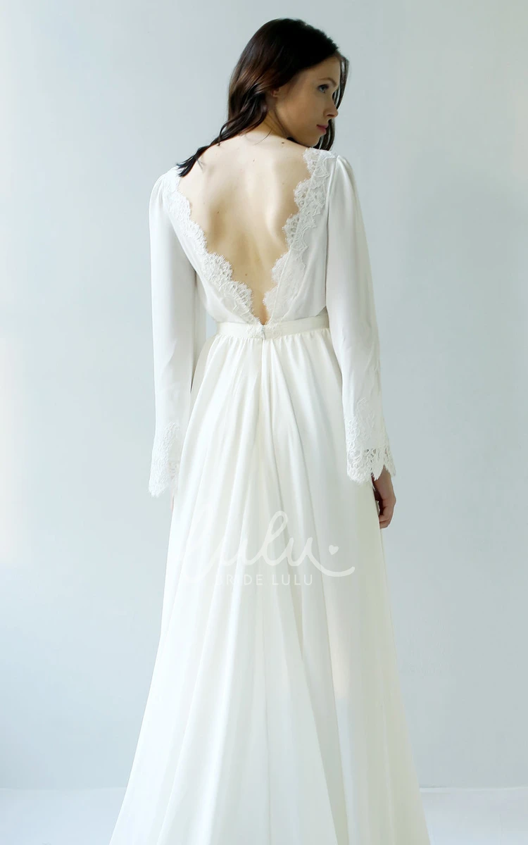 Sexy Deep-V Back Chiffon Bridal Gown with Long Scalloped Sleeves