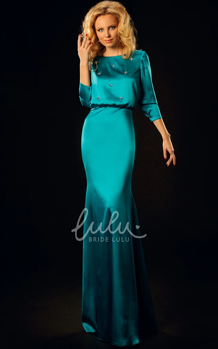 Floor-Length Satin Sheath Prom Dress with Jewel-Neck and Beaded 3-4 Sleeves