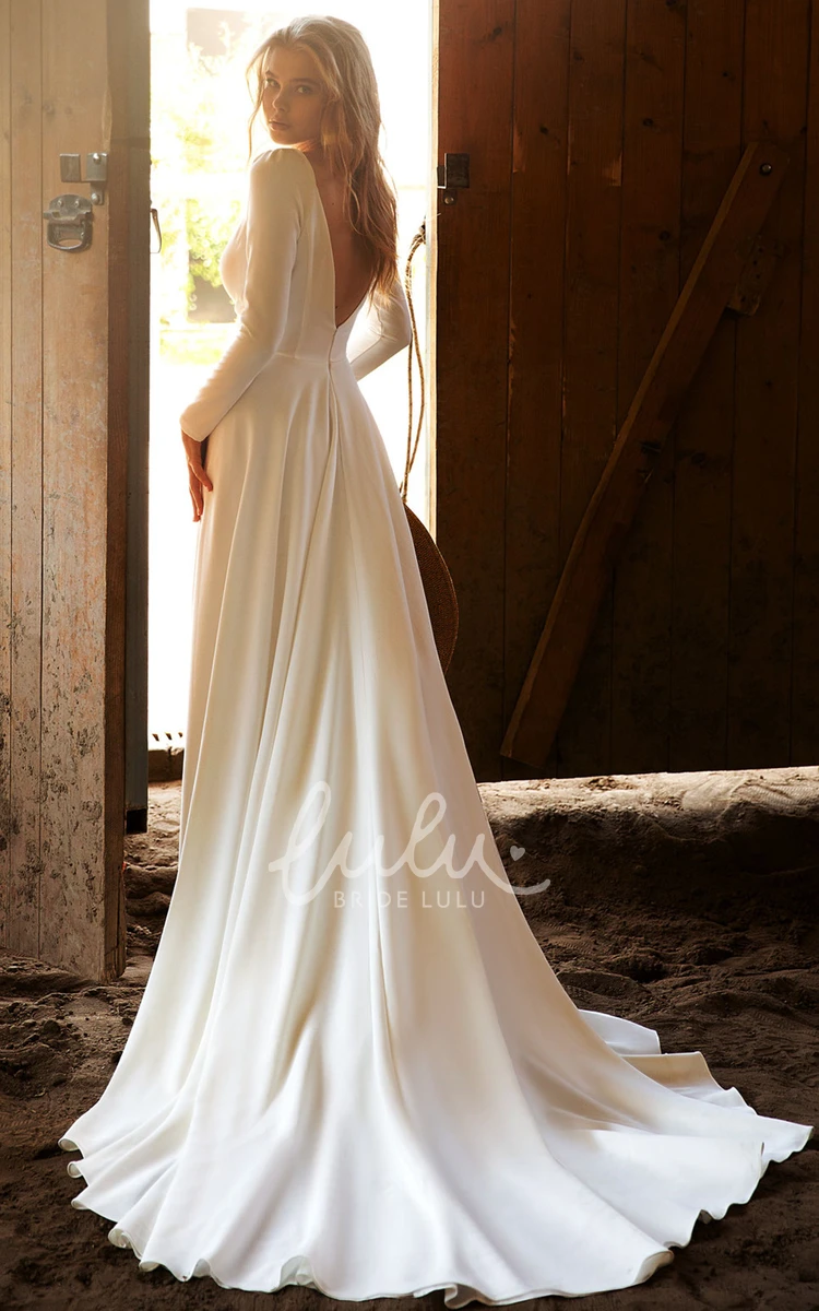 Satin A-line Wedding Dress with Plunging Neckline and Brush Train Ethereal Wedding Dress