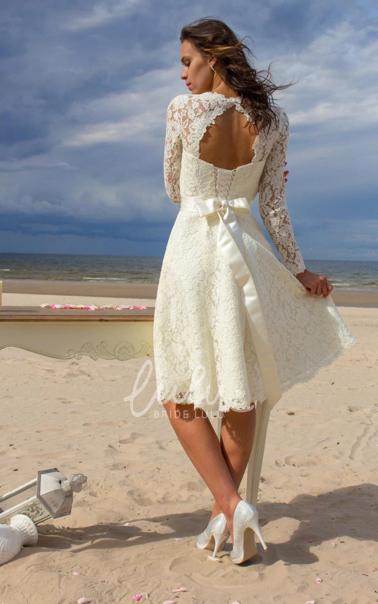 Jewel Neck Lace Short Wedding Dress with Satin Sash Classy Bridal Gown