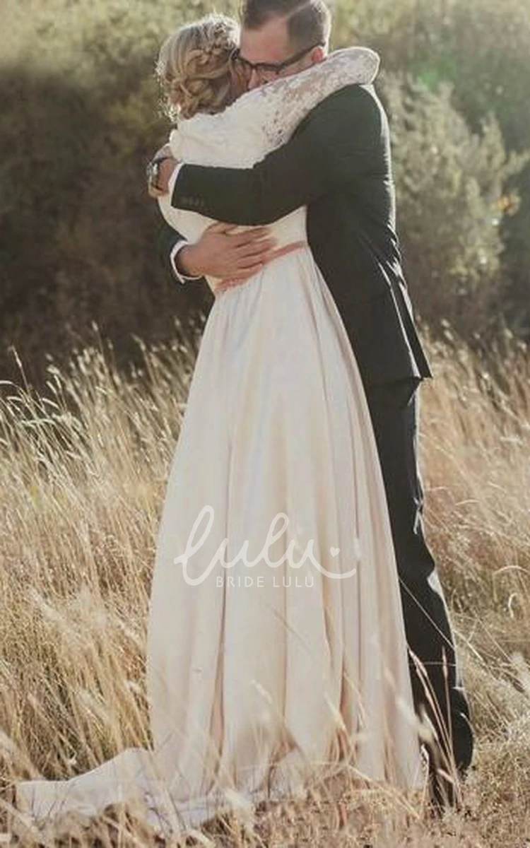 Long Sleeve Sheath Wedding Dress with Scalloped Lace and Satin Elegant Bridal Gown