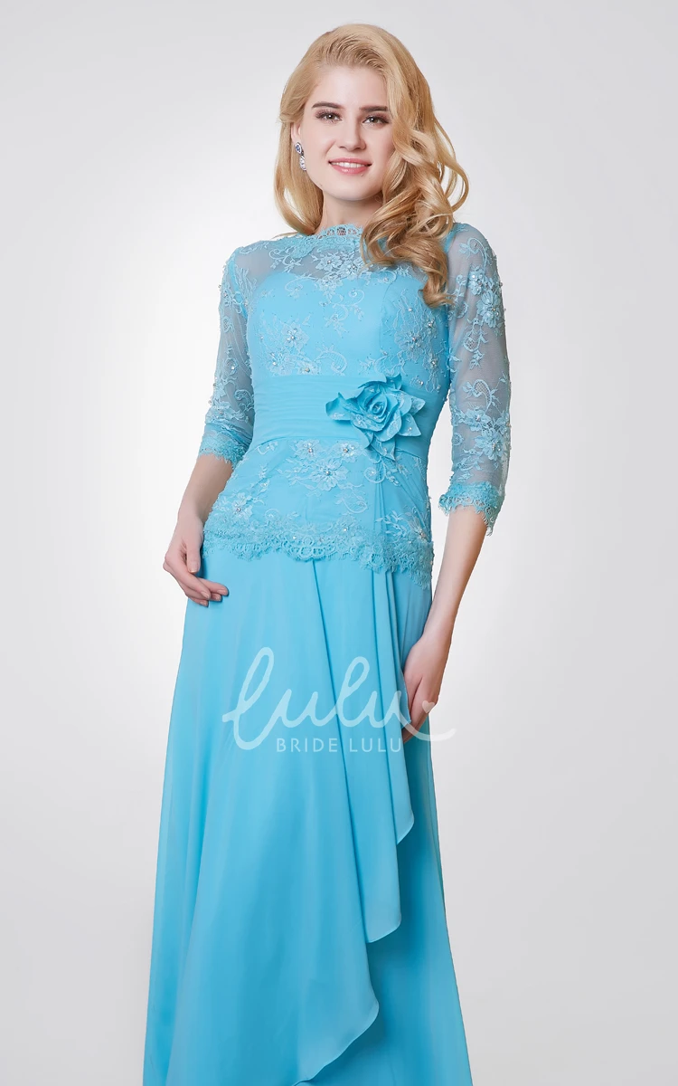 Long Lace and Chiffon Formal Dress with Side Draping 3/4 Sleeves