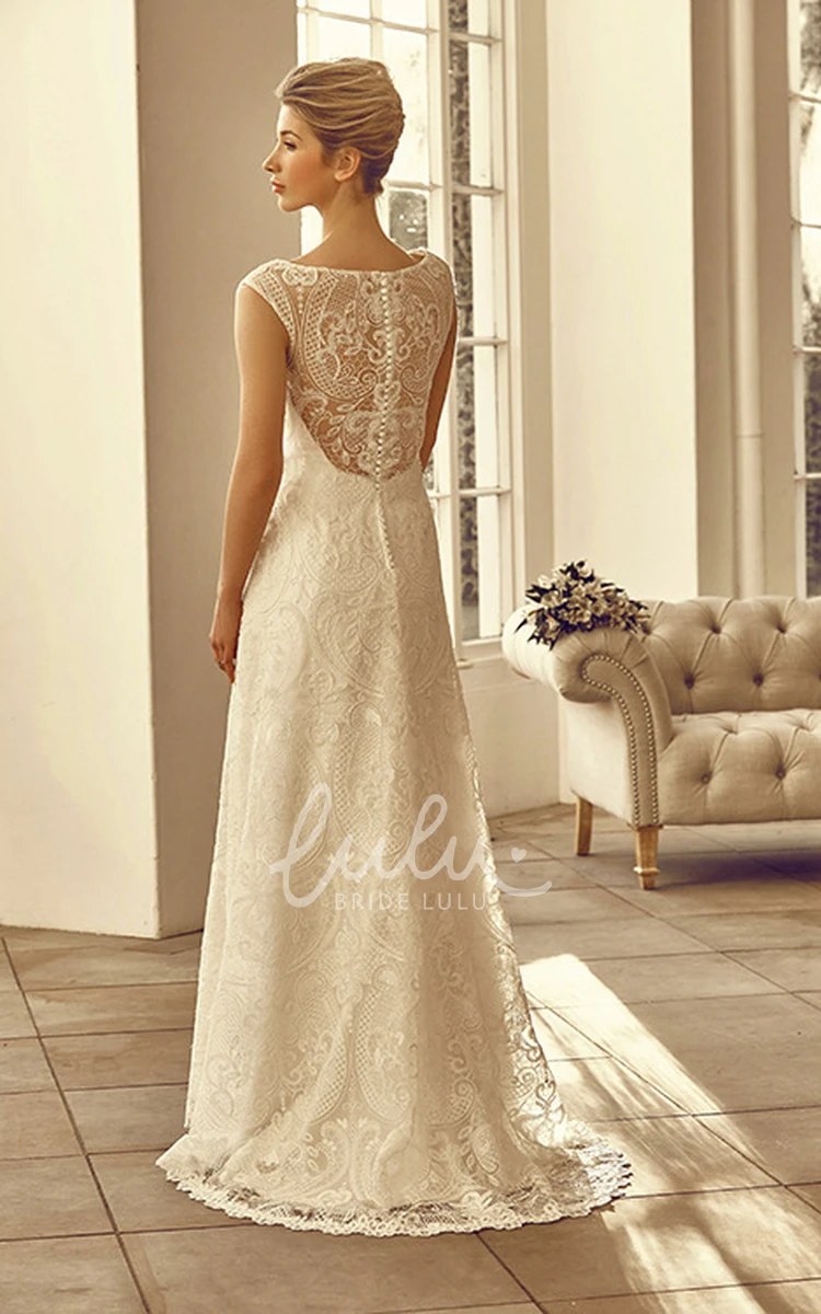 Cap-Sleeve Bateau Lace Appliqued Wedding Dress Floor-Length