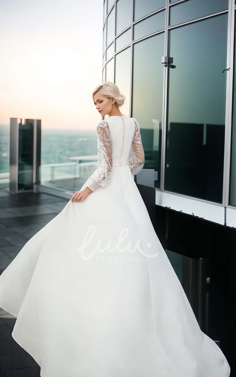 Simple Elegant Satin Tulle A-Line Jewel Neck Wedding Dress Sexy Solid Long Puff Sleeve Split Front Floor-length Bridal Gown with Sash Train Button Back