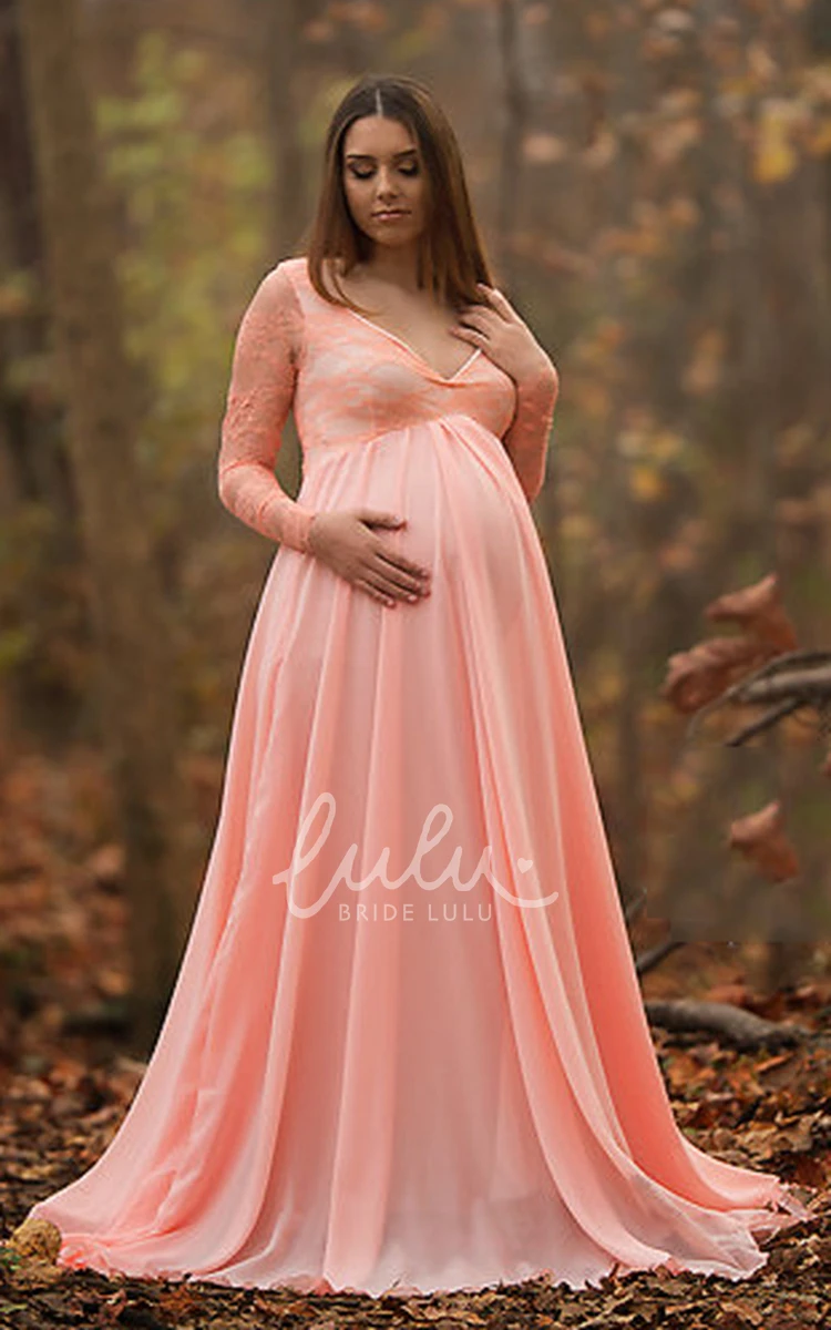 Long Sleeve Maternity Dress with A-Line Sweep Train and Empire Waist